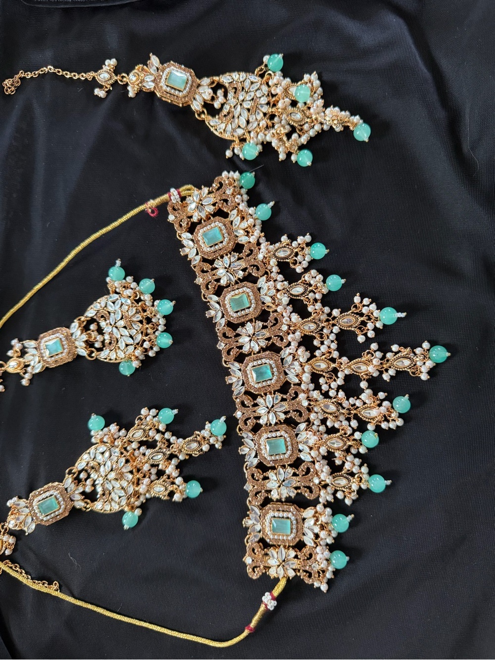 Gold-Tone Kundan Bridal Necklace Set with Mint Green Beads .